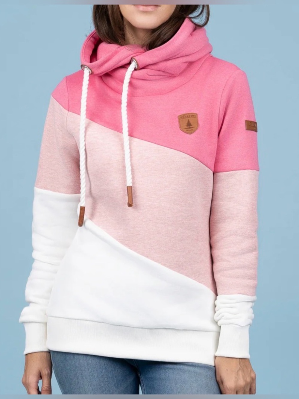 Wanakome Women’s Pink White  Colorblock Funnel Cowl Sweater Size Large